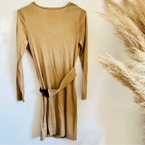 MK MICHAEL KORS Cream Tan Brown Leather Buckle Belt Cowl Neck Sweater Dress S - Picture 4 of 13